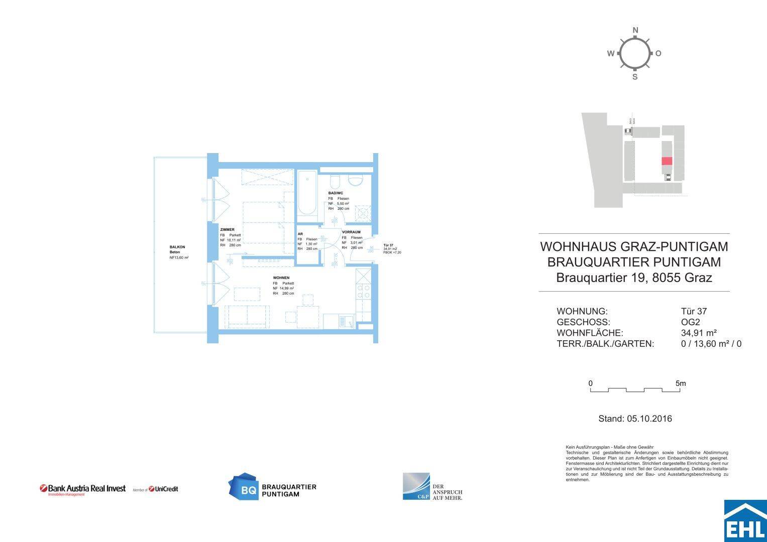 Grundriss einer Wohnung mit Wohnbereich, Schlafzimmer, Bad und Balkon.