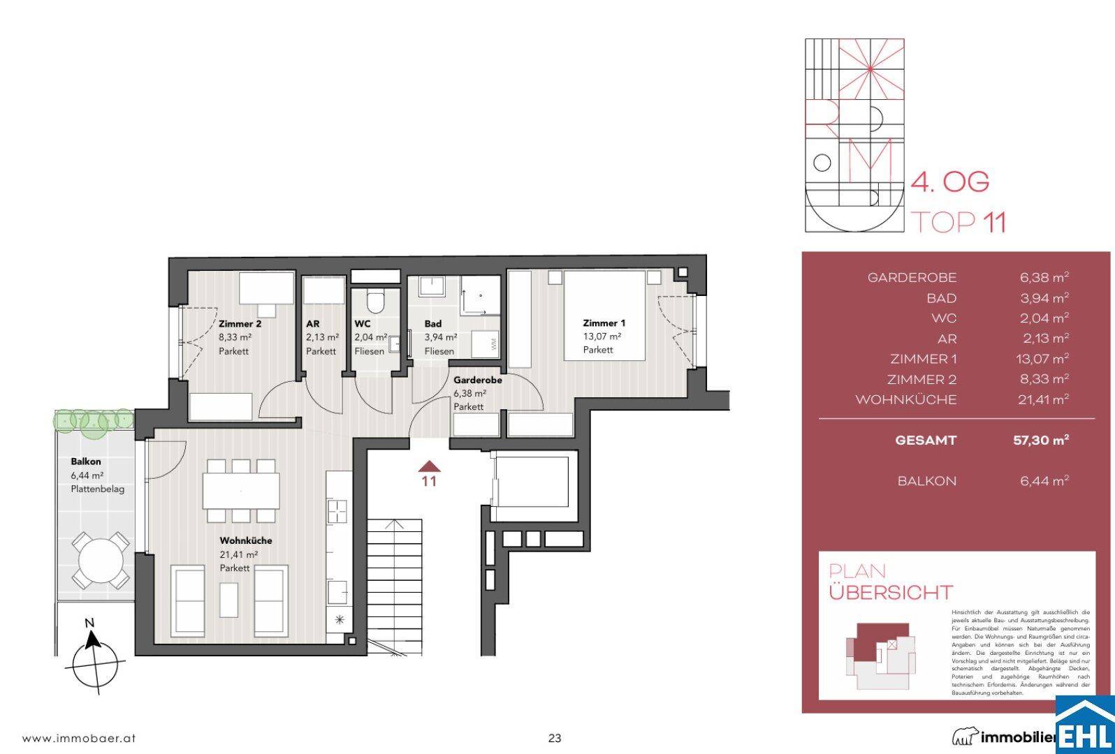 Grundriss einer Wohnung im 4. Obergeschoss mit Balkon und drei Zimmern.