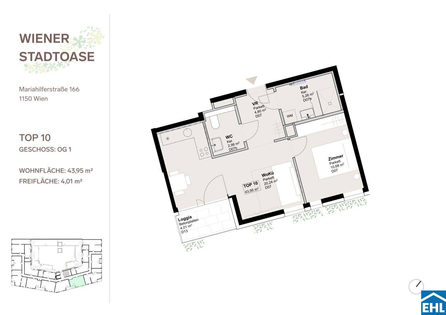 Grundriss von Top 10 mit Wohnküche, Bad, Zimmer und Loggia auf 43,95 m² Wohnfläche.