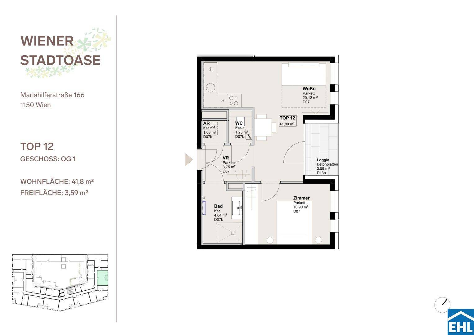 Detaillierter Grundriss der Wohnung TOP 12 mit Wohnküche, Zimmer, Bad und Loggia.