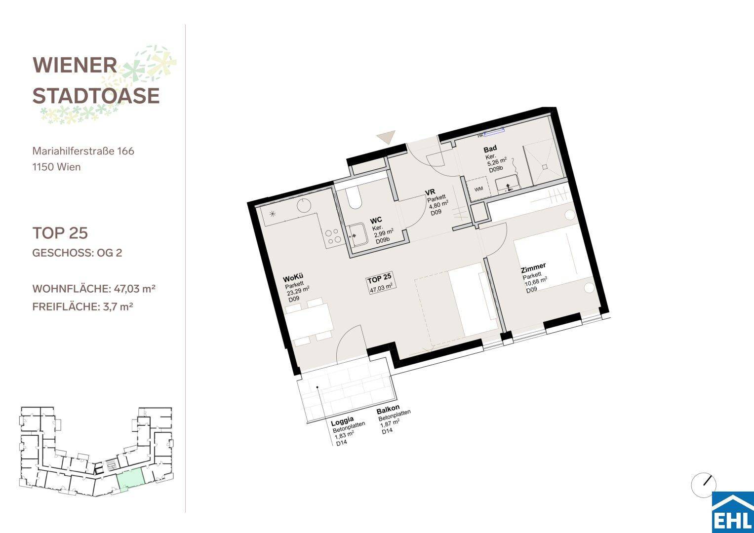 Grundriss der Wohnung Top 25 mit Loggia, Schlafzimmer, Bad und separatem WC.
