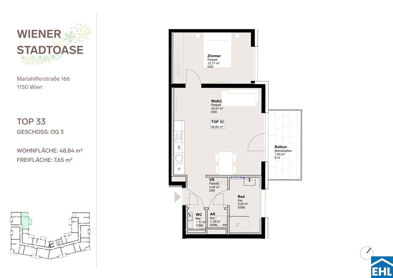 Detaillierter Grundriss einer Wohnung mit Wohnküche, Zimmer, Bad und Balkon.