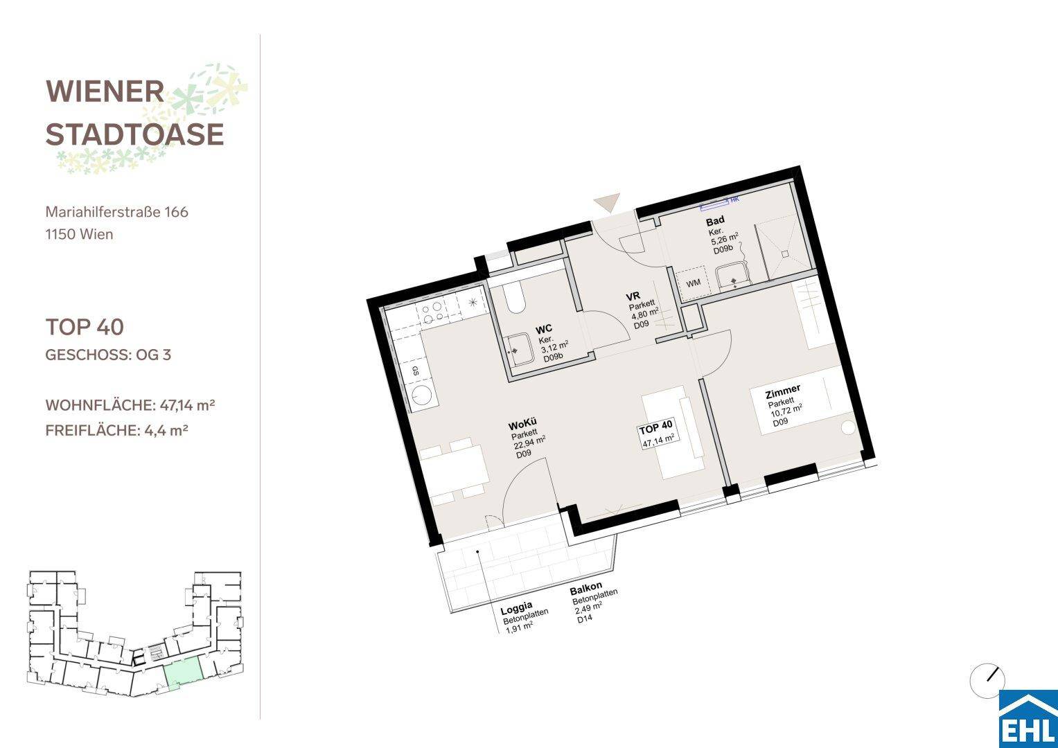Grundriss der Wohnung TOP 40 mit Wohnküche, Schlafzimmer, Bad und Loggia.