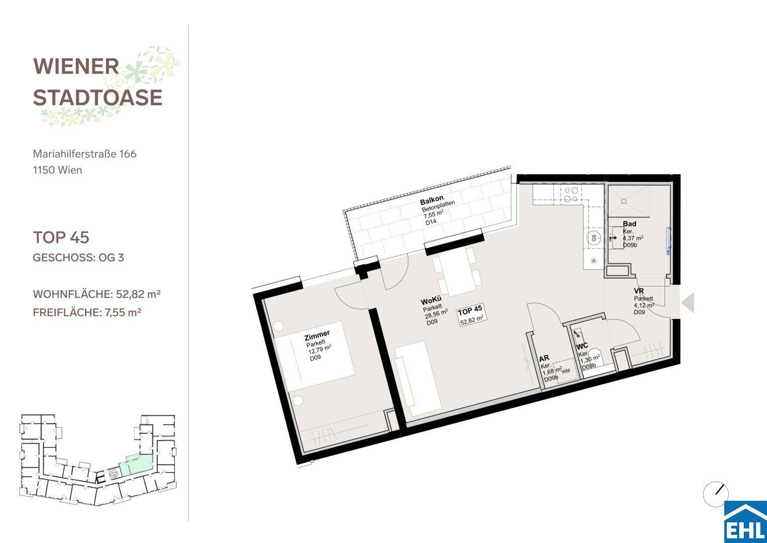 Grundriss der Wohnung TOP 45 mit 52,82 m² Wohnfläche, Balkon und separatem WC.