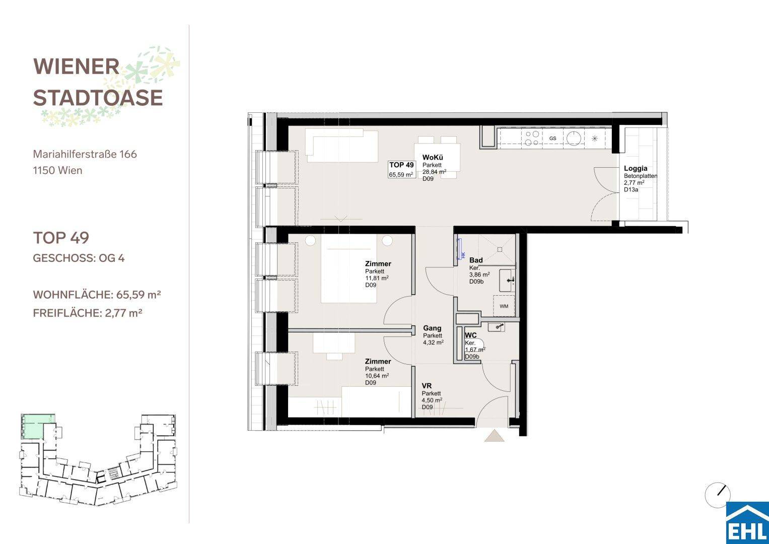 Detaillierter Grundriss der Wohnung mit Raumaufteilung, Flächenangaben und Loggia.