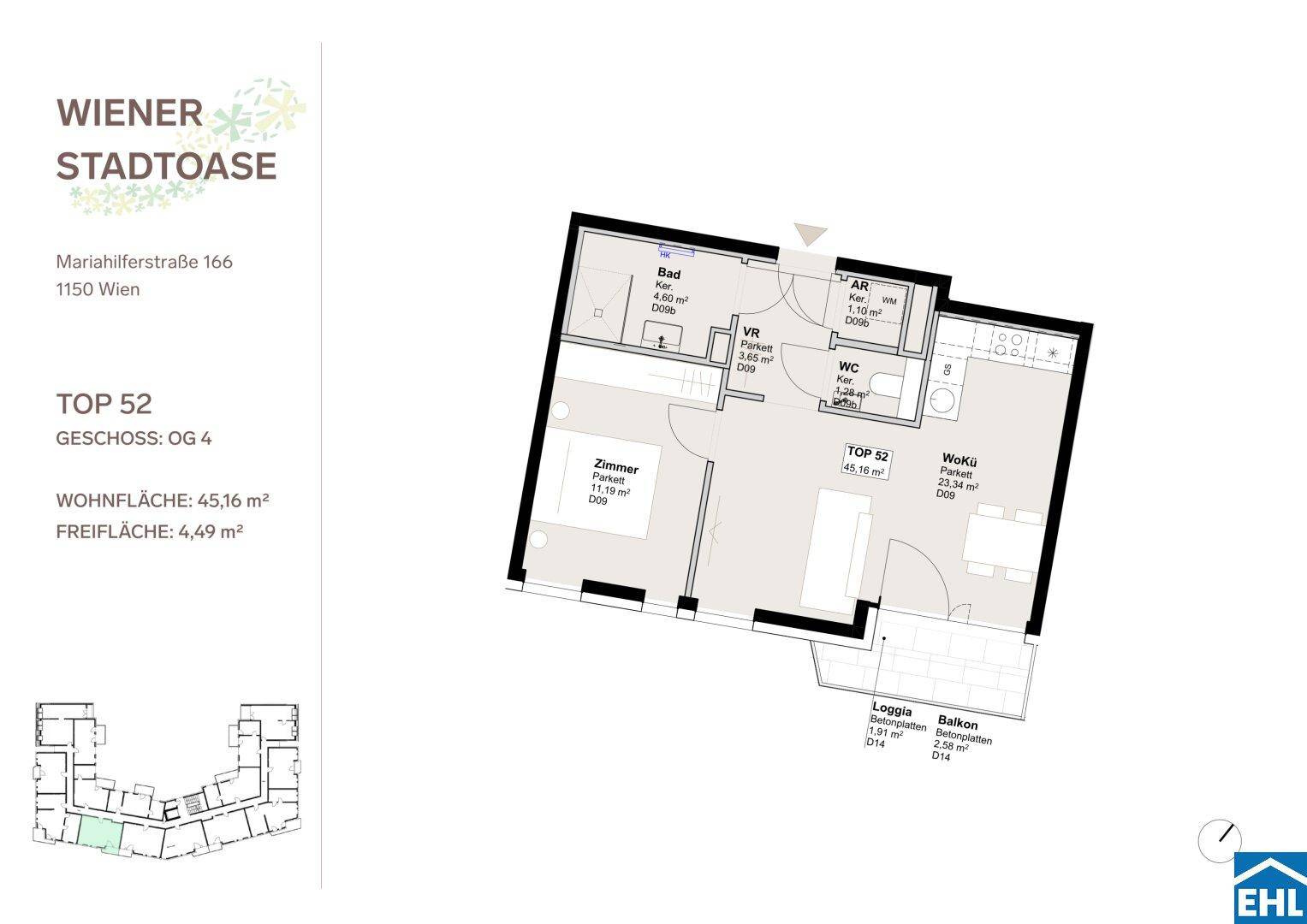 Detaillierter Grundriss einer Wohnung mit 45,16 m² Wohnfläche und Loggia.