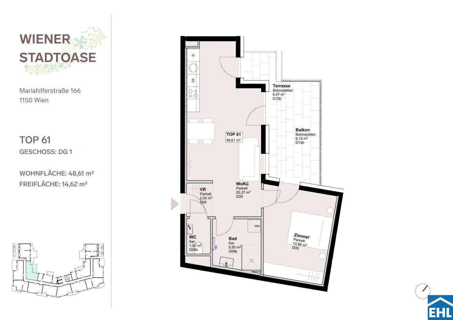Detaillierter Grundriss einer Wohnung mit Wohnküche, Schlafzimmer, Bad und Terrasse.