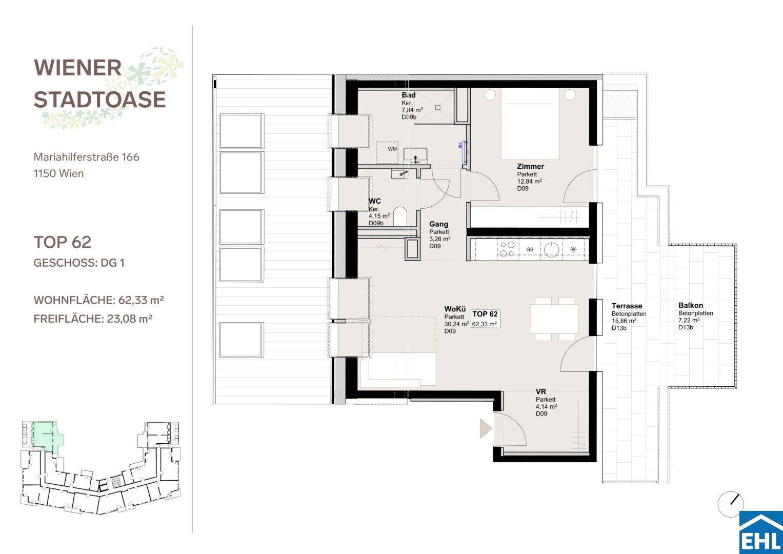 Detaillierter Grundriss einer Wohnung mit Terrasse und Balkon.