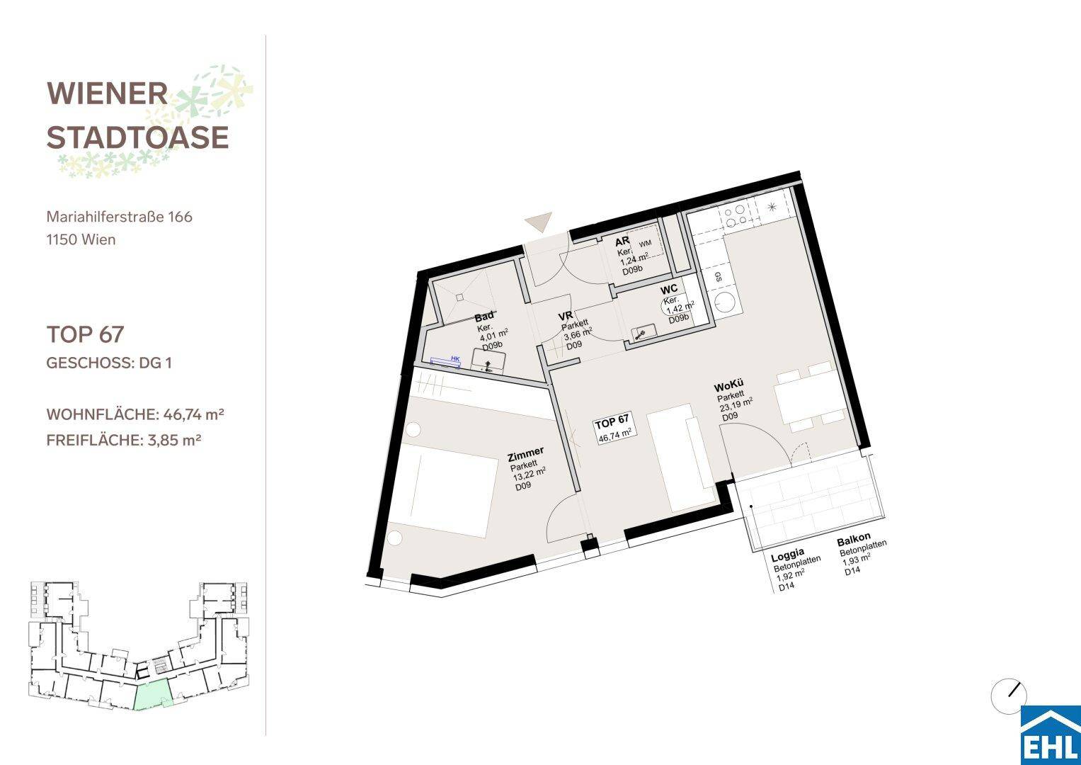 Grundriss einer Wohnung mit Wohnküche, Schlafzimmer, Bad und Balkon.