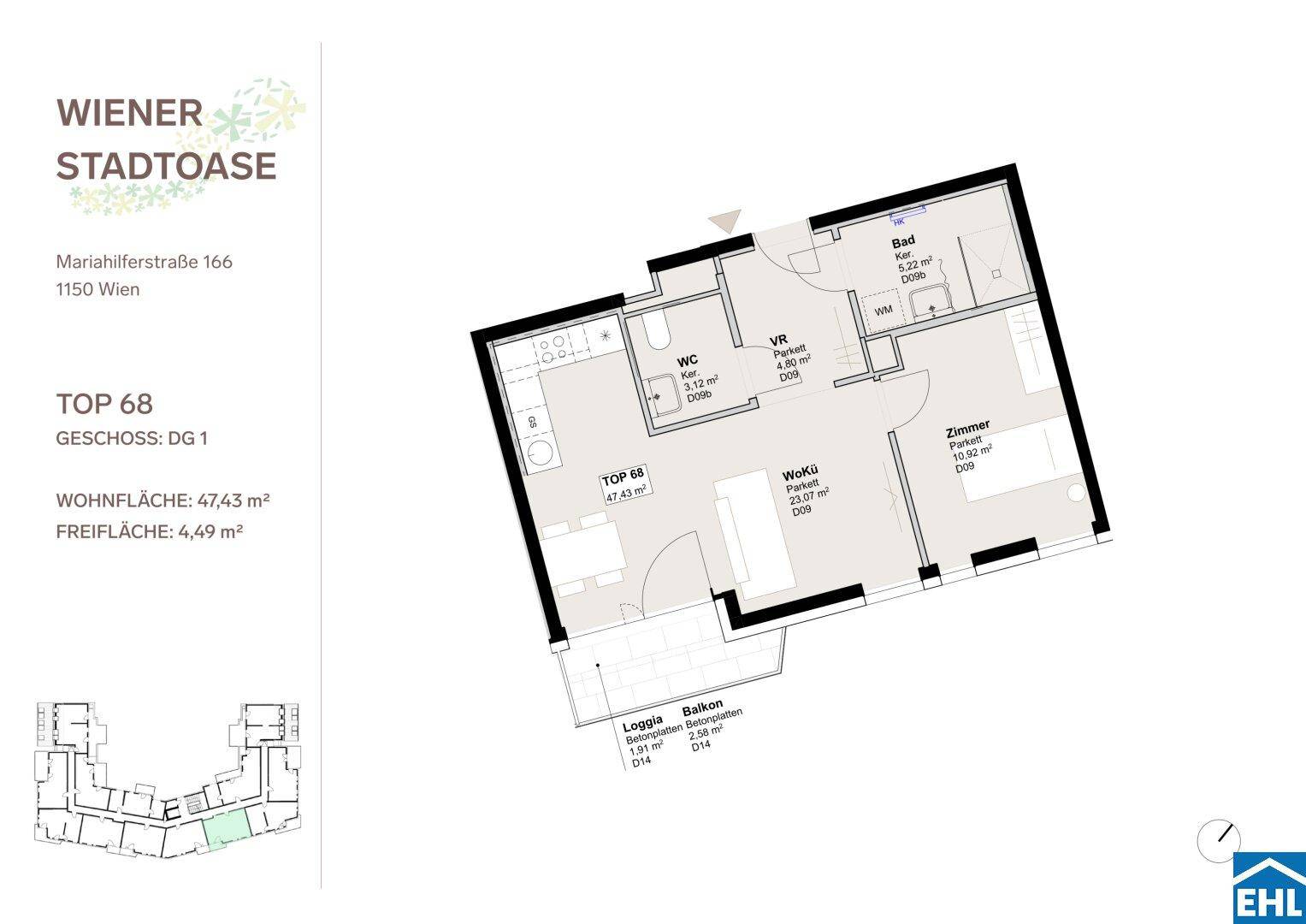 Grundriss der Wohnung TOP 68 mit 47,43 m² Wohnfläche, inklusive Loggia und Balkon.