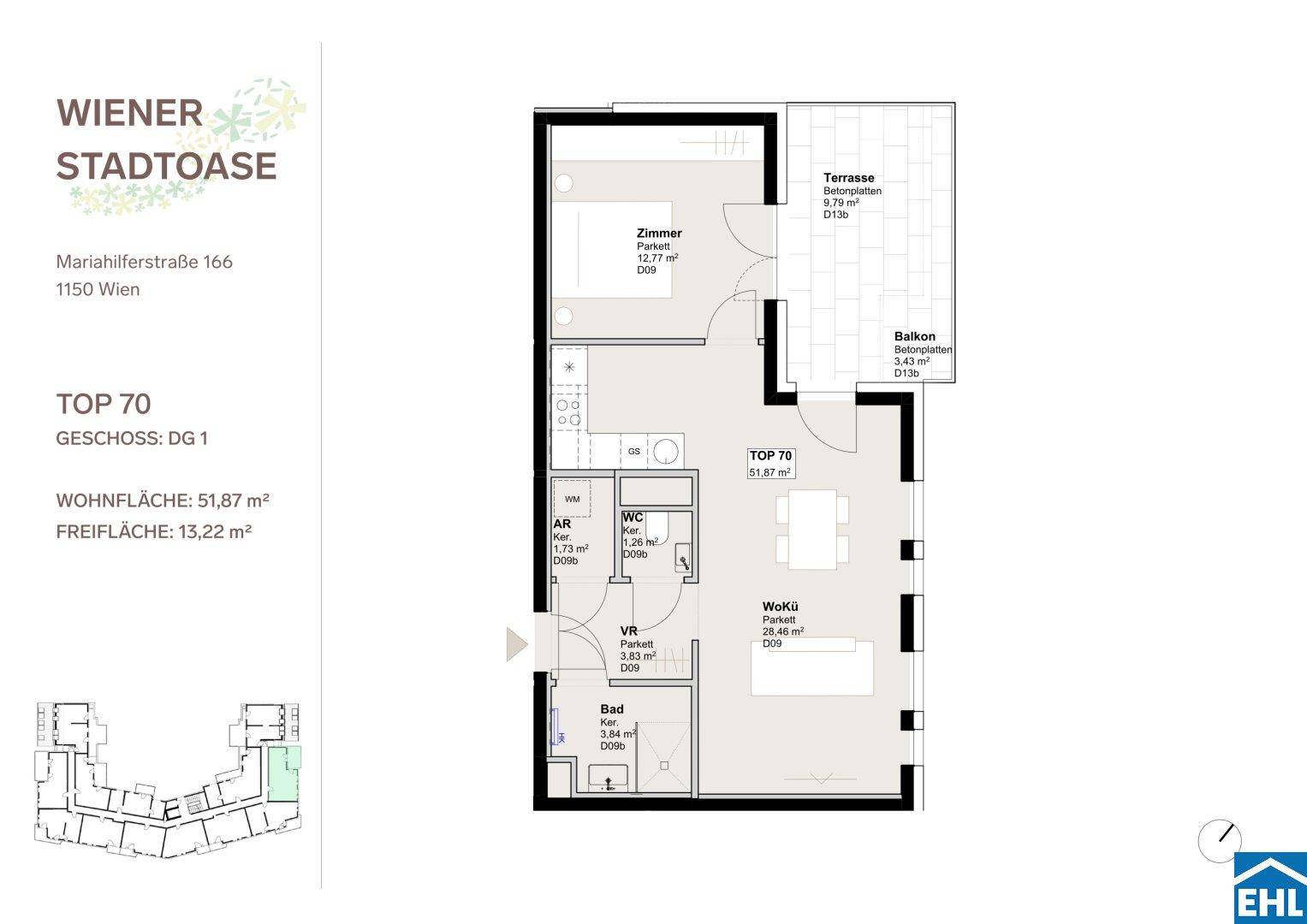 Grundriss einer Wohnung mit Zimmer, WC, Bad, Wohnküche, Terrasse und Balkon.