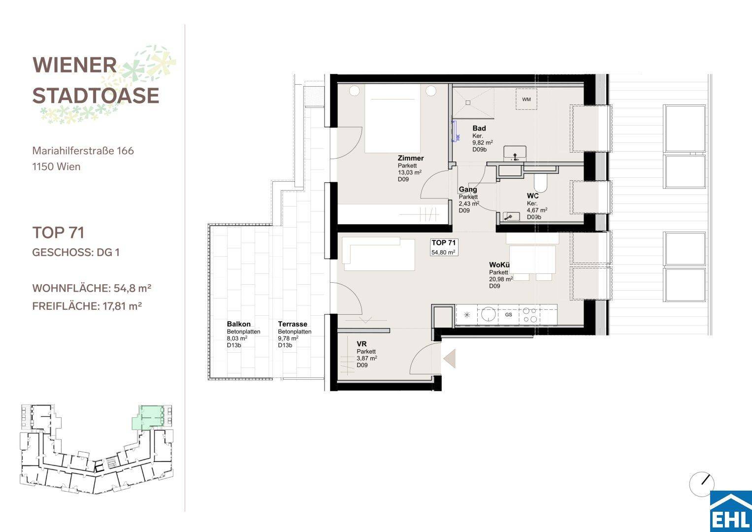 Grundriss der Wohnung Top 71 mit 54,8 m² Wohnfläche und Balkon sowie Terrasse.