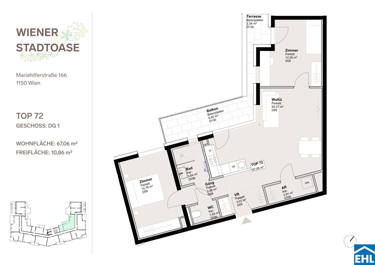 Grundriss der Wohnung Top 72 mit Wohn-Kochbereich, Schlafzimmern und Balkon.