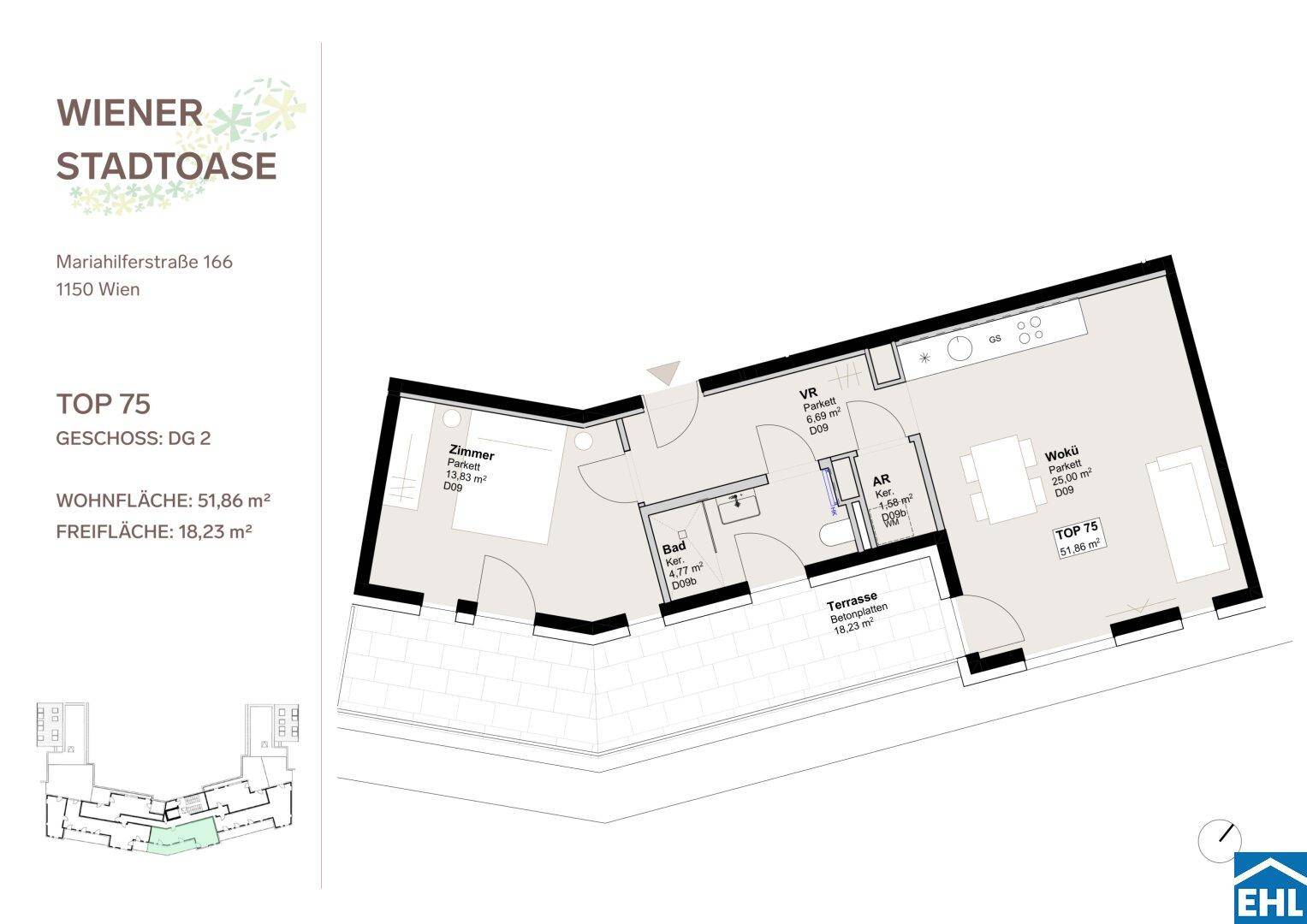 Grundriss einer Wohnung mit 51,86 m² Wohnfläche und 18,23 m² Freifläche.
