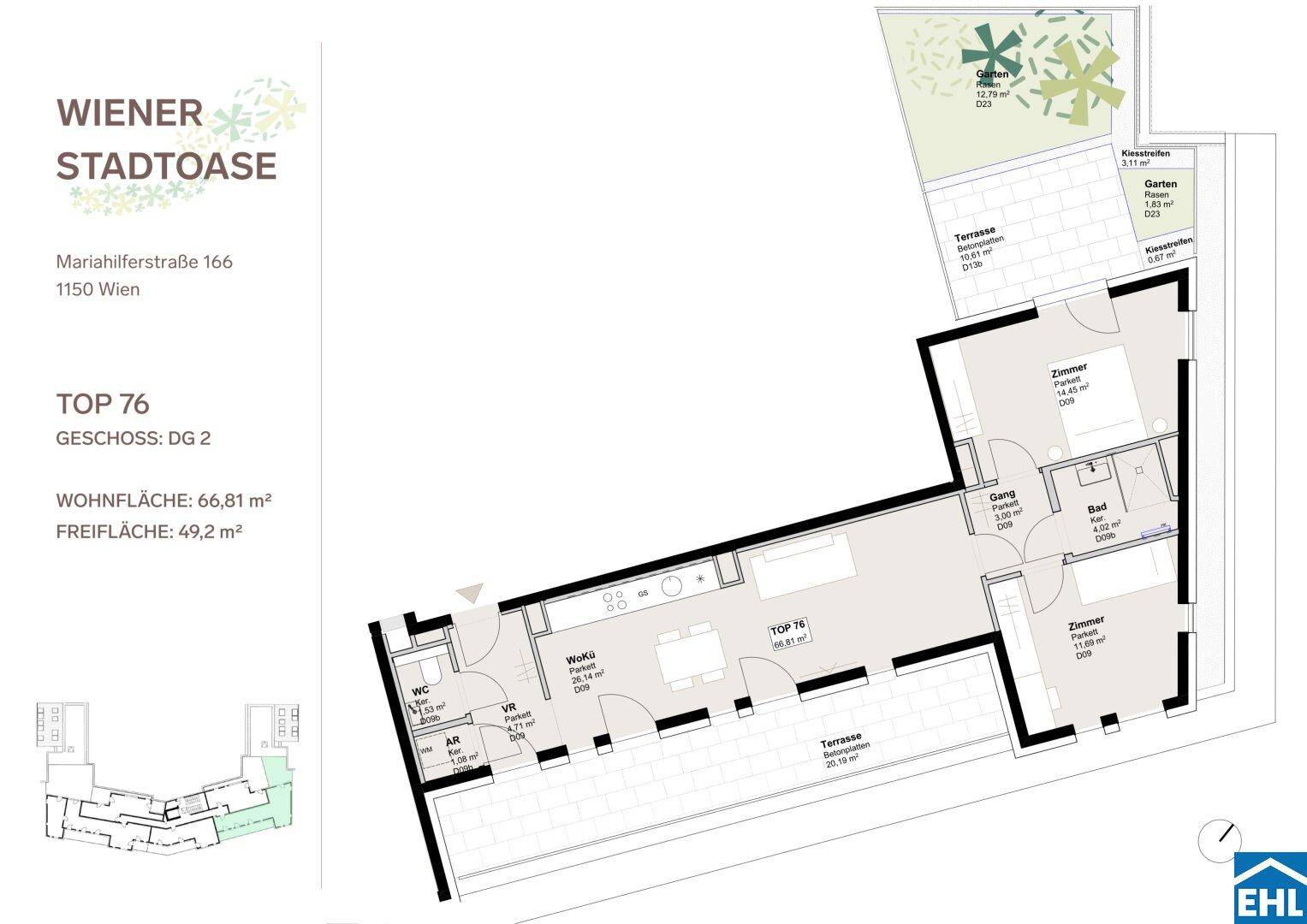 Grundriss der Wohnung Top 76 mit 66,81 m² Wohnfläche und großer Terrasse.