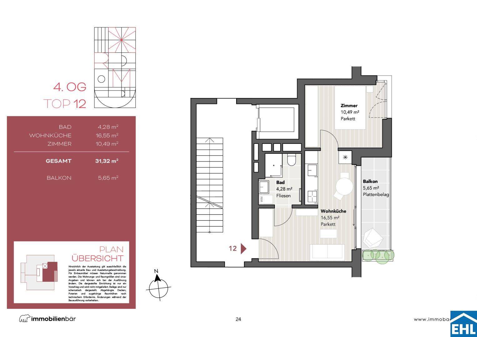 Grundriss der Wohnung Top 12 im 4. Obergeschoss mit Wohnküche und Balkon.