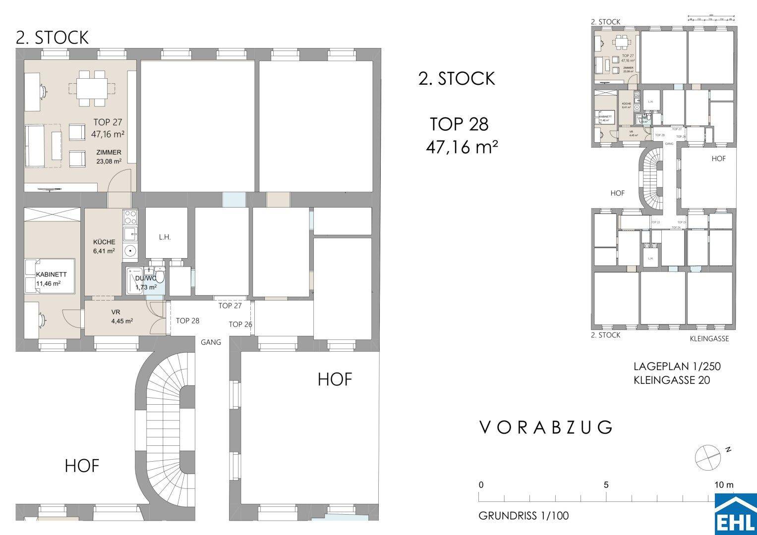 Detaillierter Grundriss des 2. Stocks mit zwei Wohneinheiten, inklusive Raumaufteilung und Flächenangaben.