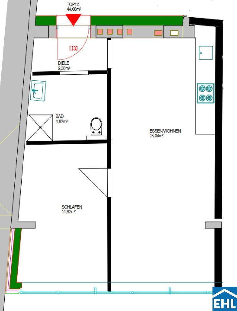 Grundriss der Wohnung mit Schlafzimmer, Bad und offenem Wohn-Essbereich.