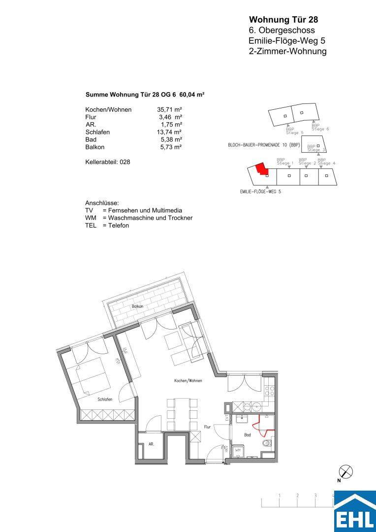Grundriss einer 2-Zimmer-Wohnung im 6. Obergeschoss mit Balkon und offener Küche.