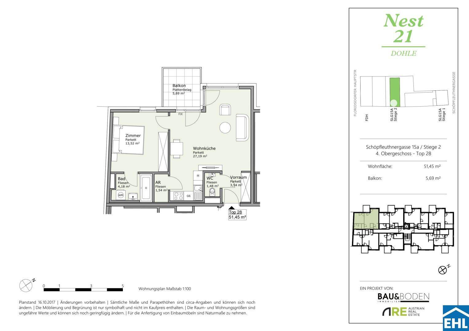Grundriss der Wohnung "Nest 21" mit 51,45 m² Wohnfläche und Balkon.