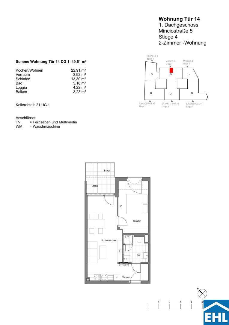 Detaillierter Grundriss einer 2-Zimmer-Wohnung mit Loggia und Balkon.