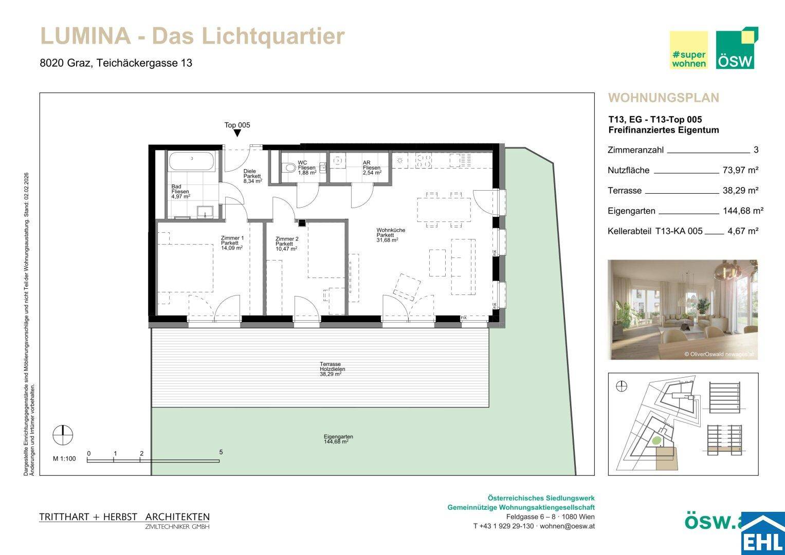 Grundriss einer Erdgeschosswohnung mit offener Wohnküche, zwei Schlafzimmern, Bad, separatem WC, großer Terrasse und Garten.