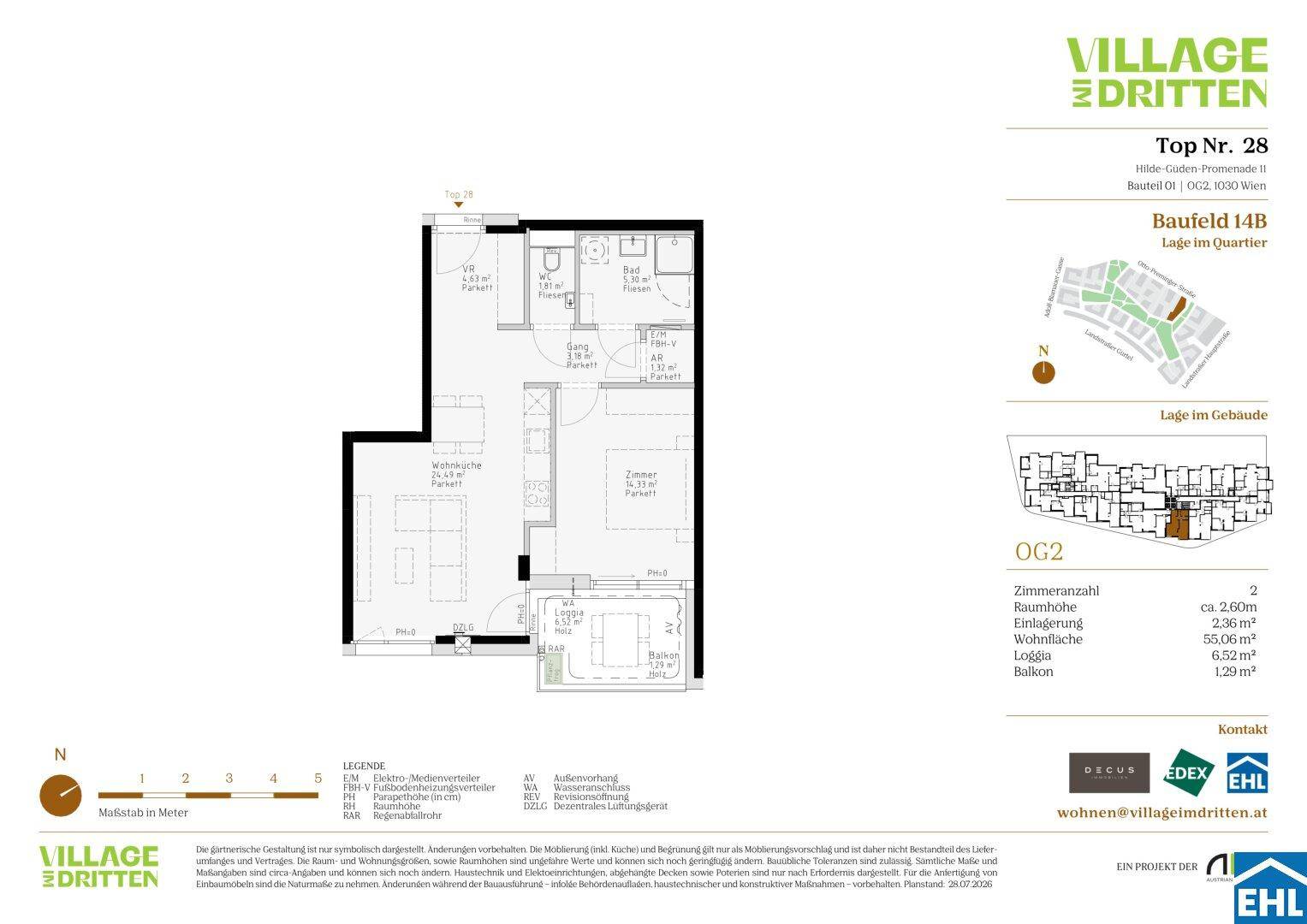 Grundriss einer Wohnung mit offenem Wohnbereich, Schlafzimmer, Bad, separatem WC, Loggia und Balkon.
