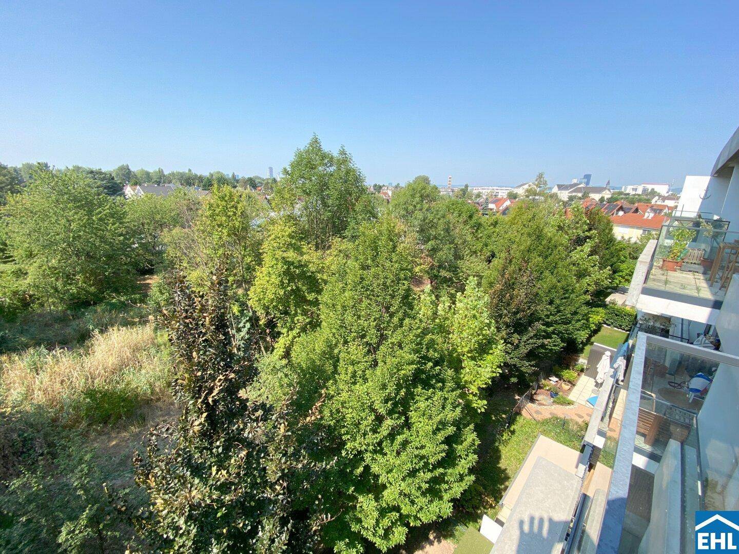 Panoramablick vom Balkon über grüne Bäume und die umliegende Wohngegend an einem sonnigen Tag.
