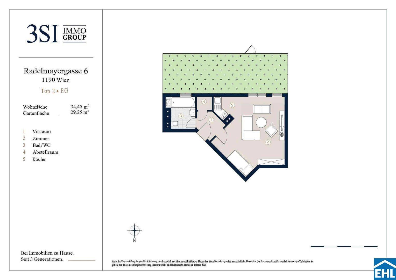 Grundriss der Wohnung Top 2 im Erdgeschoss mit Wohnfläche und Gartenanteil.