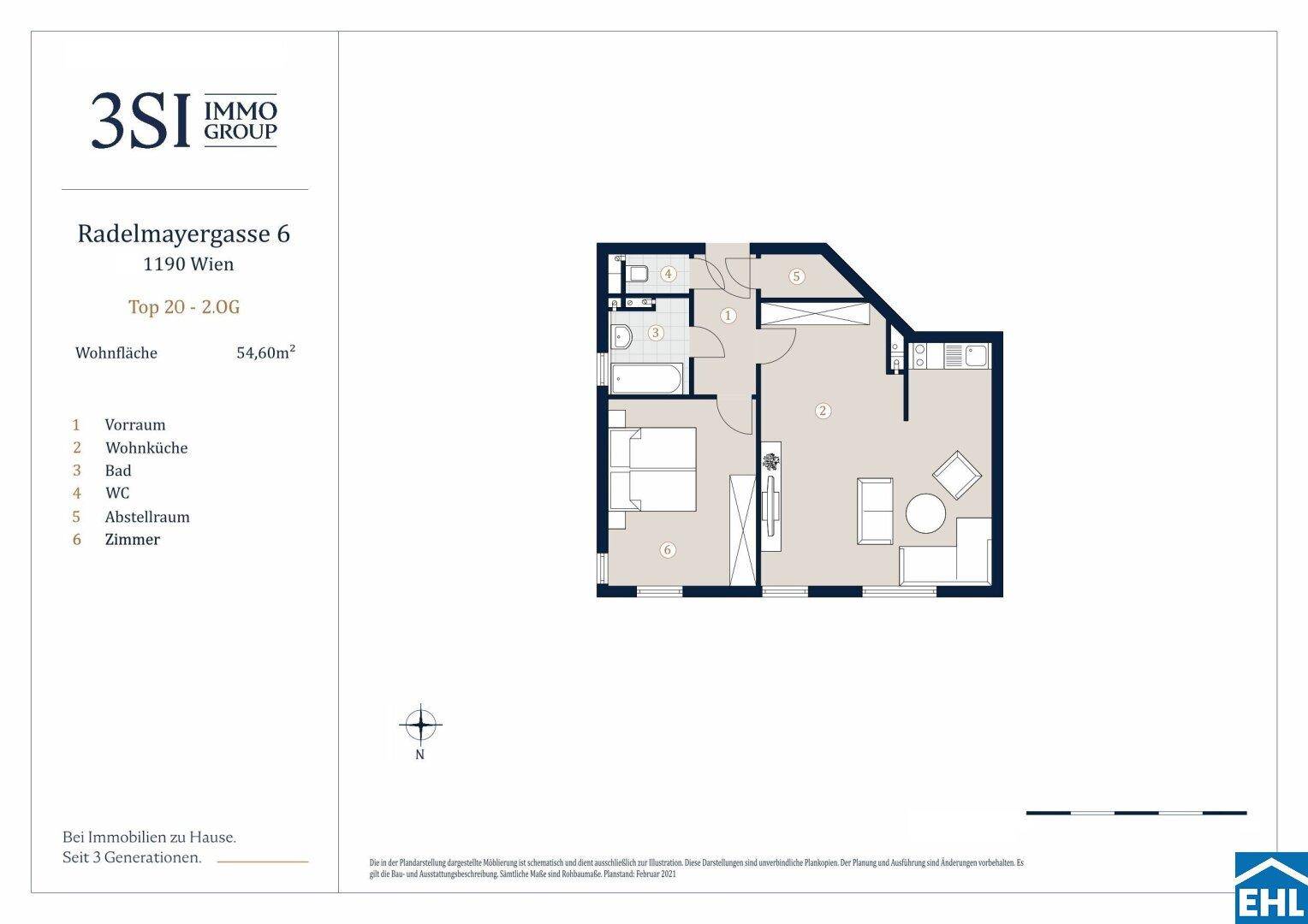 Detaillierter Grundriss der Wohnung mit 54,60 m² Wohnfläche und Raumaufteilung.