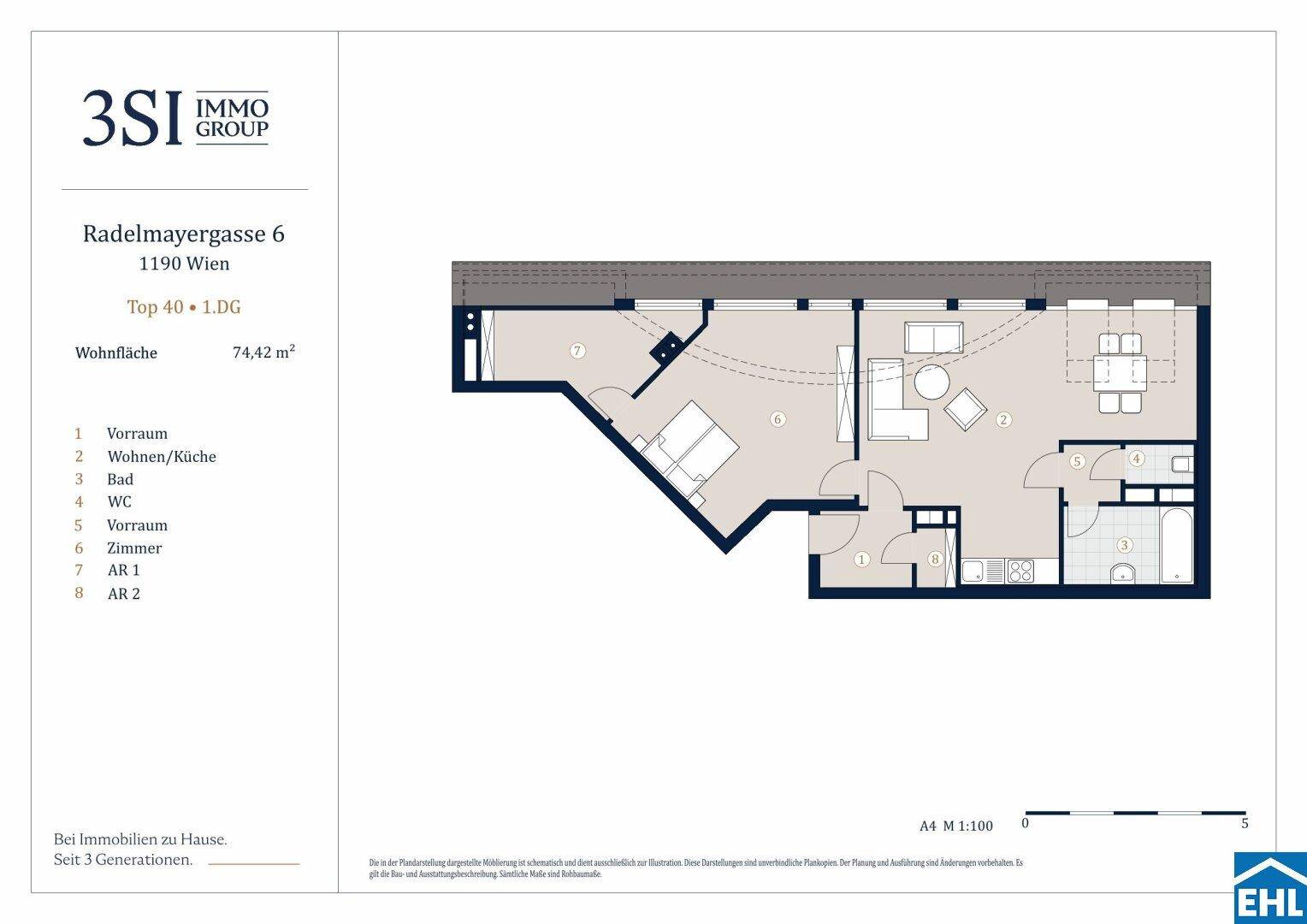 Grundriss der Wohnung mit 74,42 m² Wohnfläche, zeigt die Raumaufteilung und den Balkon.