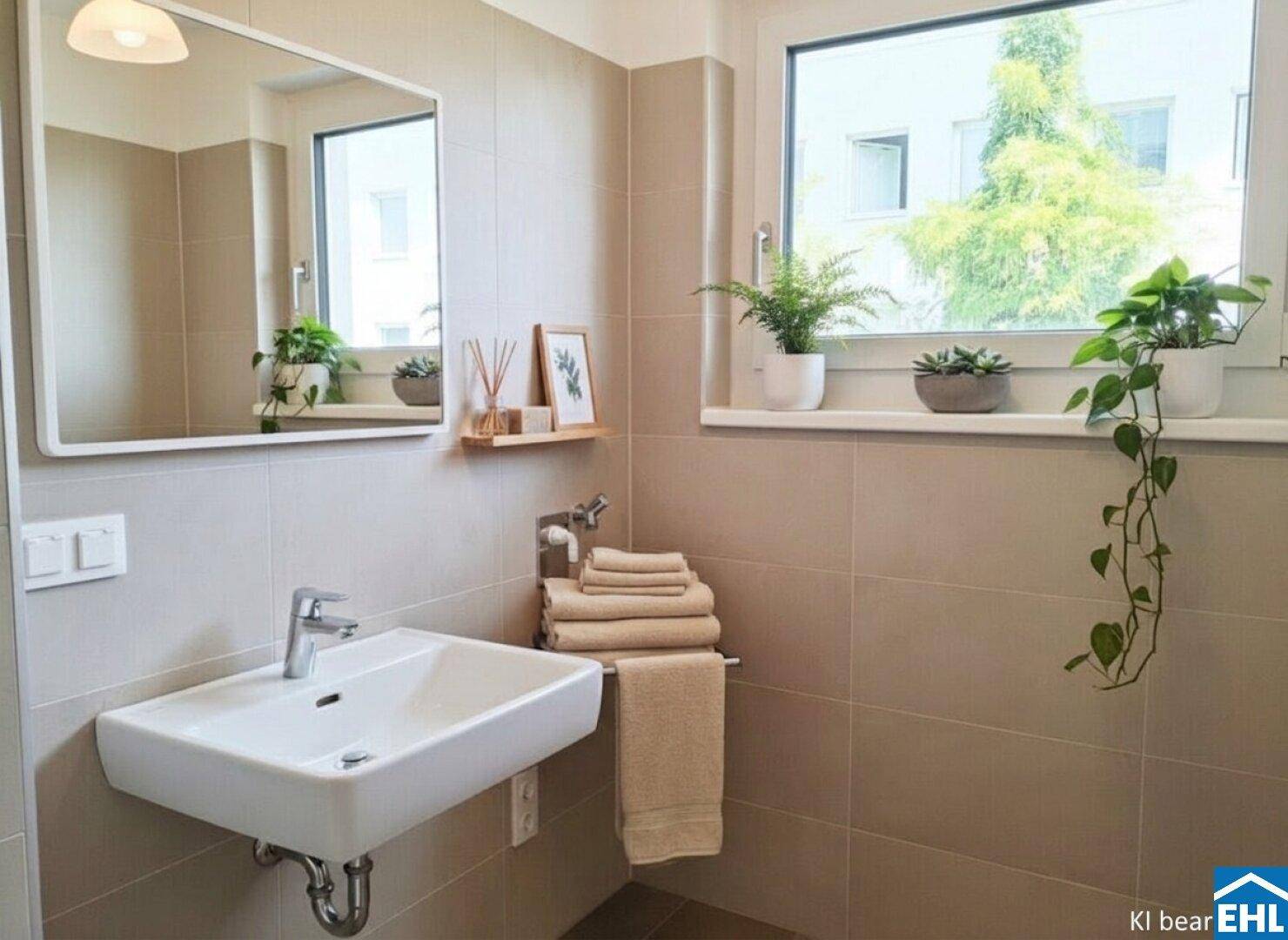 Modernes Badezimmer mit Fenster, Einzelwaschbecken und hellen Fliesen, dekoriert mit Pflanzen.
