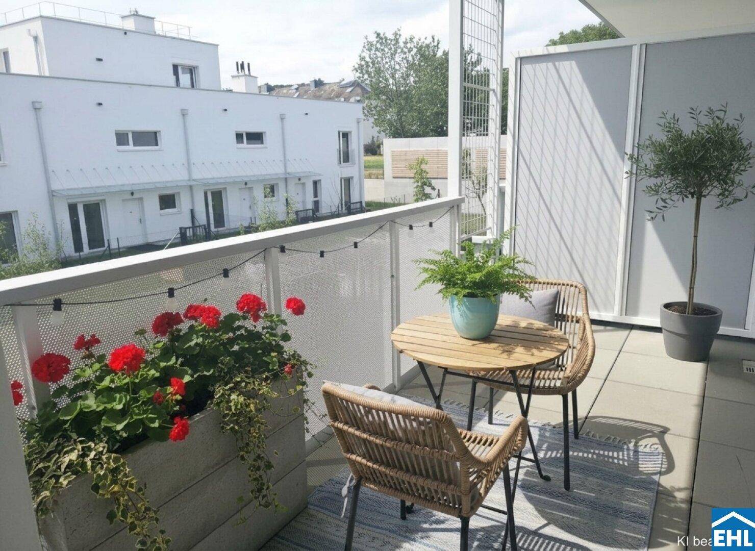 Gemütlicher Balkon mit Sitzgelegenheiten, Pflanzen und Blick auf die umliegenden Gebäude.
