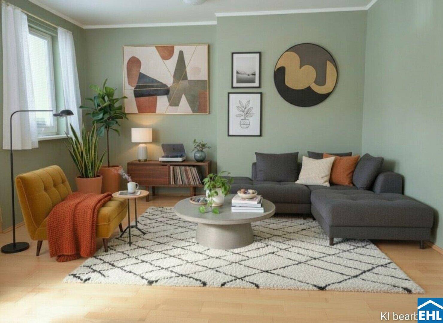 Modernes Wohnzimmer mit grünen Wänden, bequemer Couch und stilvoller Dekoration.