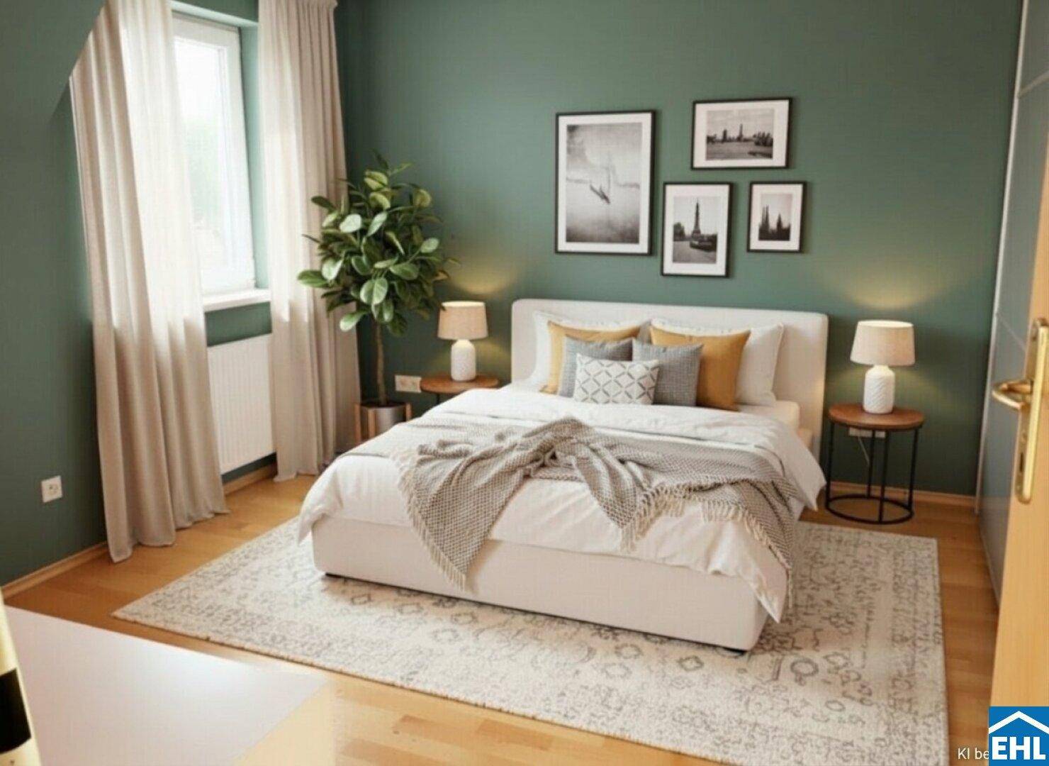 Ruhiges Schlafzimmer mit dunkelgrünen Wänden, Doppelbett und Holzboden.