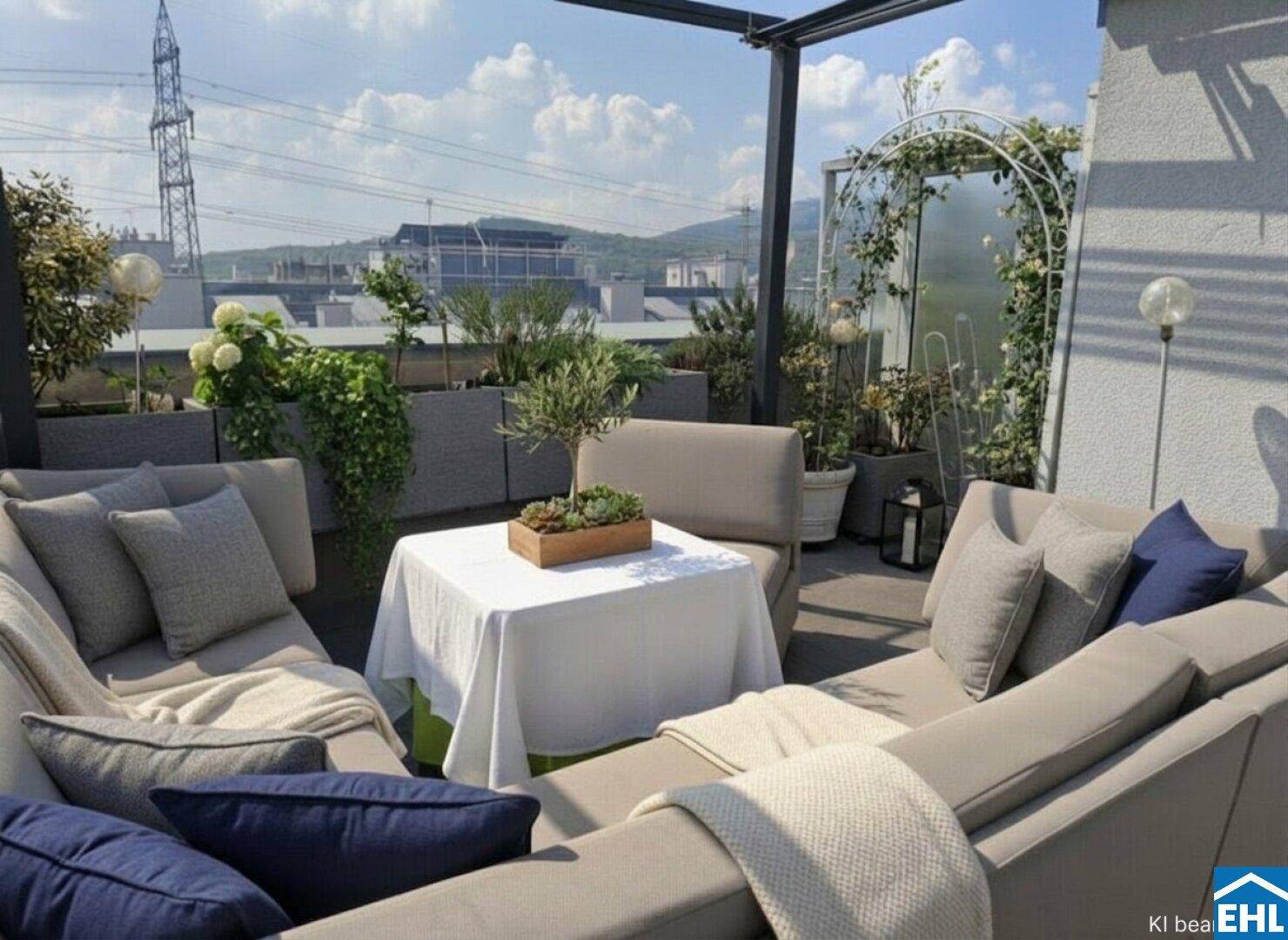 Große Dachterrasse mit Lounge-Möbeln und weitem Blick über die Stadt.
