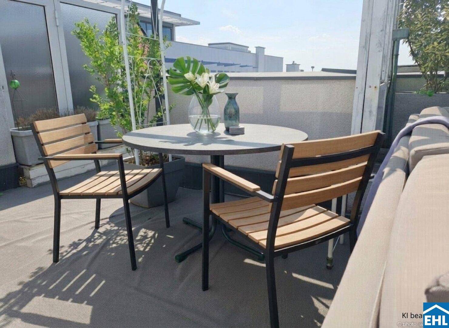 Sonniger Bereich auf der Dachterrasse mit kleinem Tisch und Stühlen für entspannte Momente.