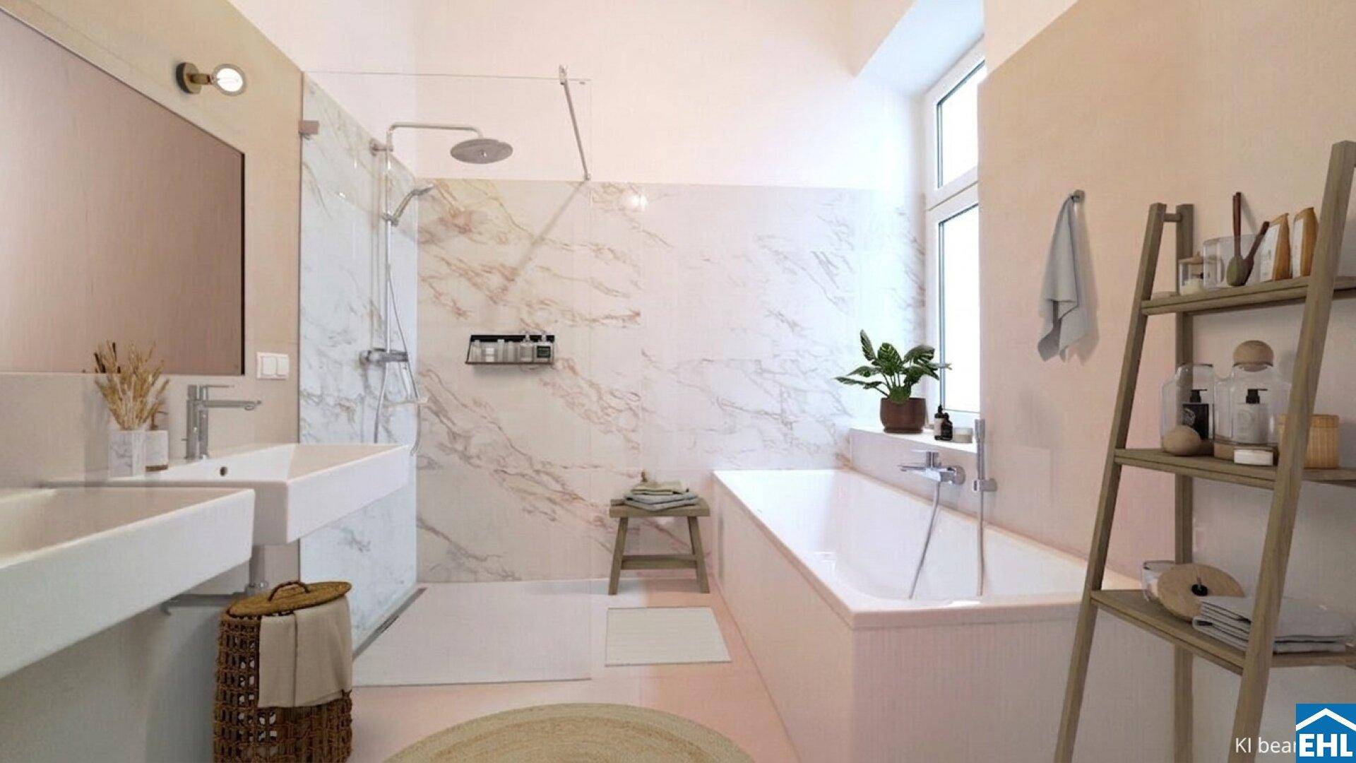 Modernes Badezimmer mit Marmorfliesen, Badewanne, begehbarer Dusche und Fenster.
