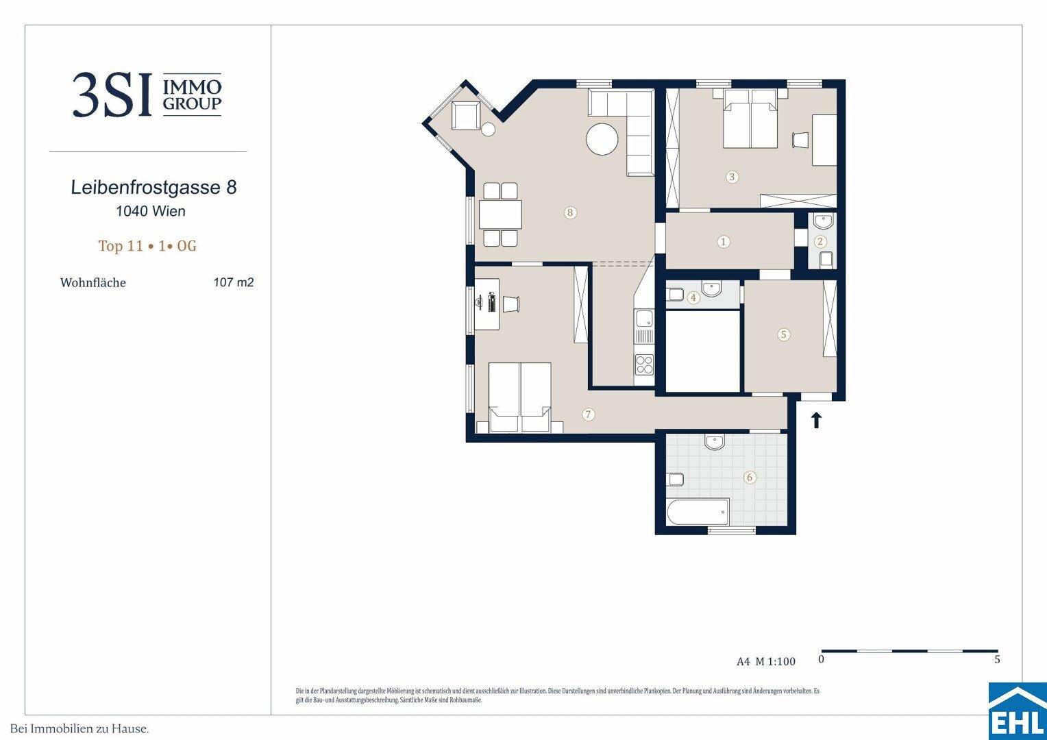 Detaillierter Grundriss einer 107 m² großen Wohnung mit offenem Wohn-Essbereich, zwei Schlafzimmern und Balkon.