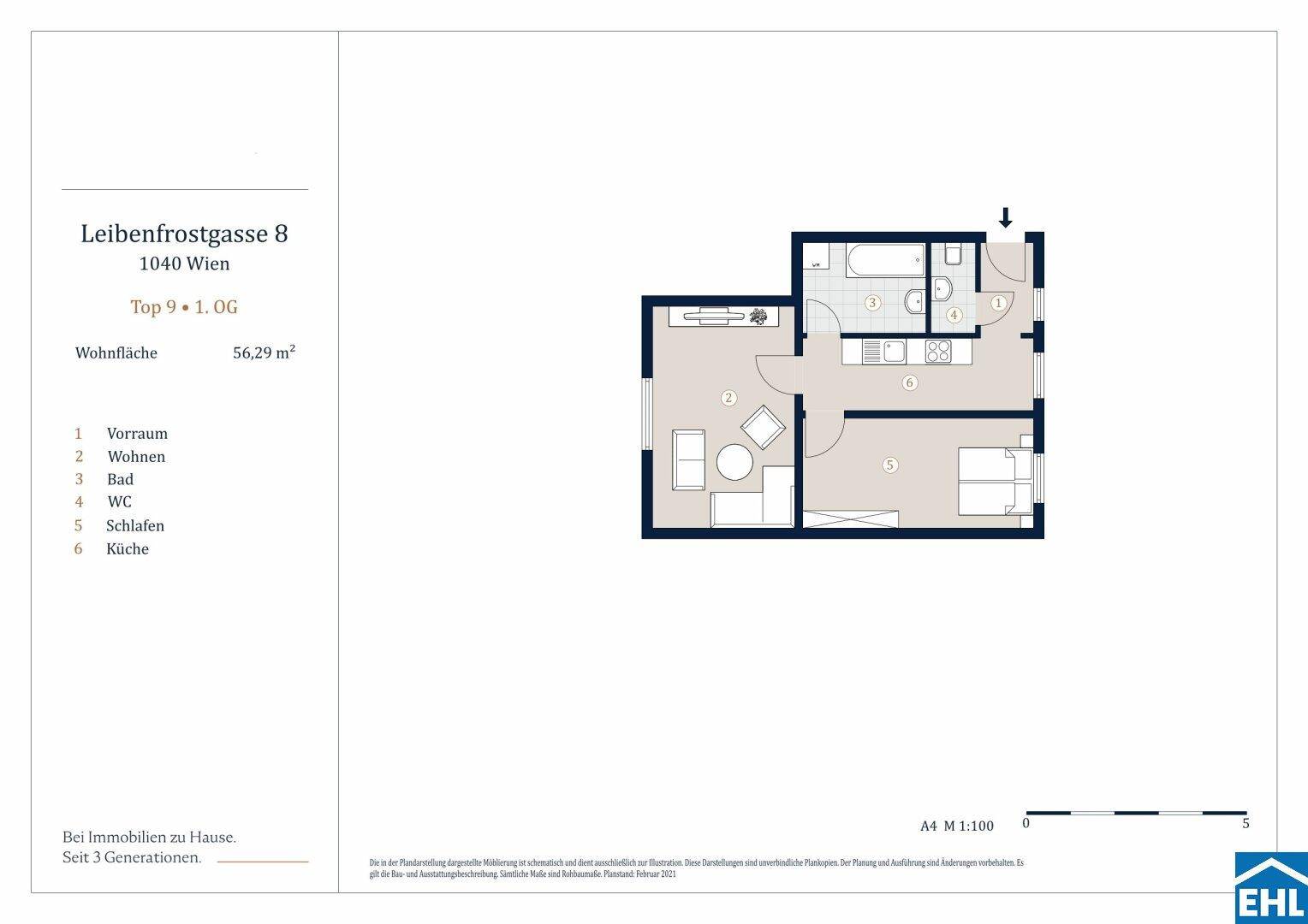 Grundriss einer Wohnung mit 56,29 m² Wohnfläche, bestehend aus Wohnzimmer, Schlafzimmer, Küche, Bad und separatem WC.