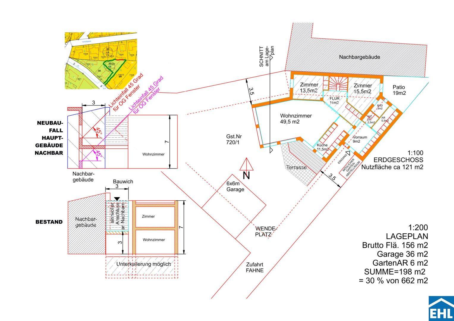 Detaillierter Grundriss des Erdgeschosses mit Zimmeraufteilung, Terrasse und Garage, inklusive Schnittansicht.