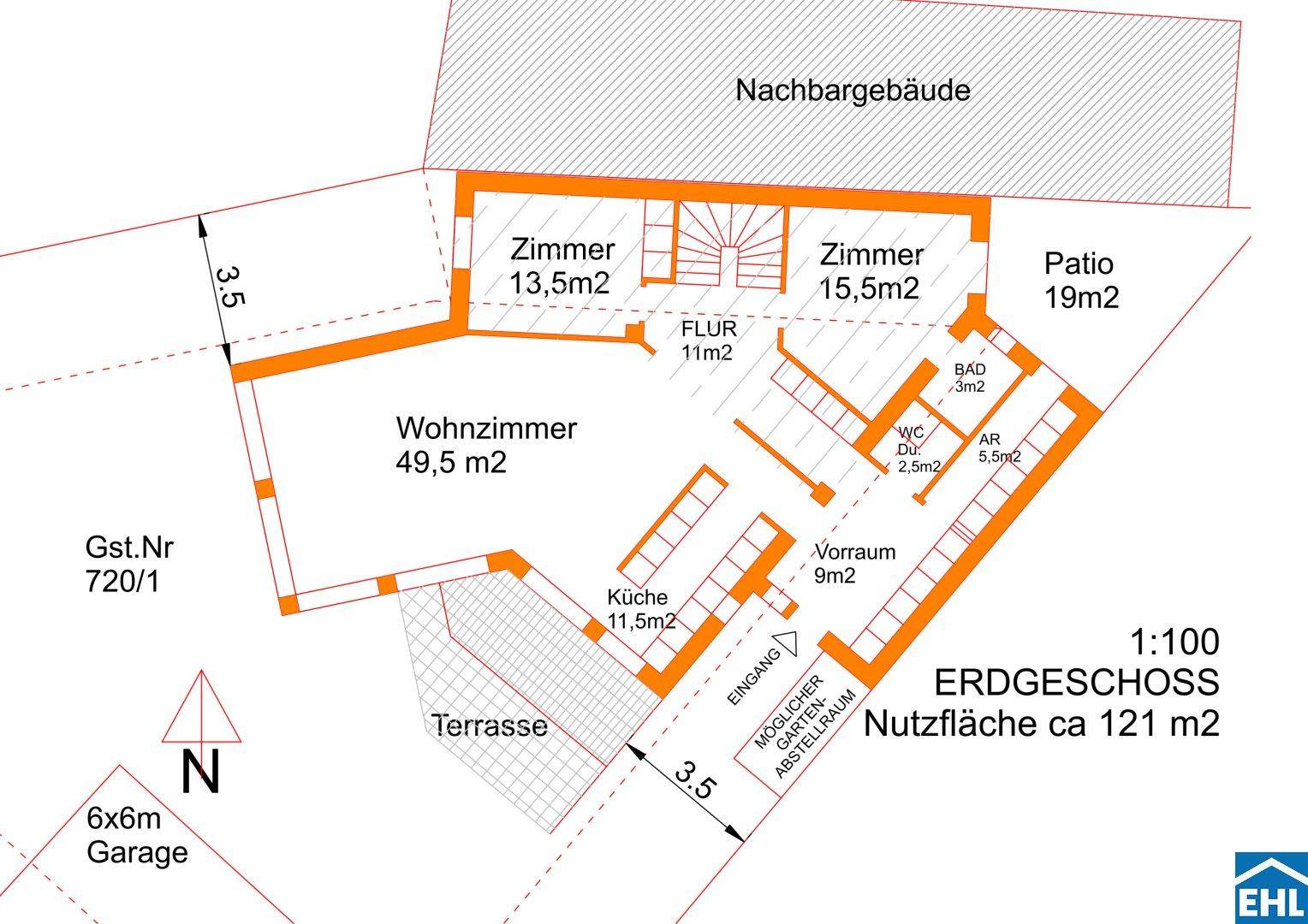 Nahaufnahme des Erdgeschoss-Grundrisses mit detaillierter Raumaufteilung, Küche, Wohnzimmer und Terrasse.