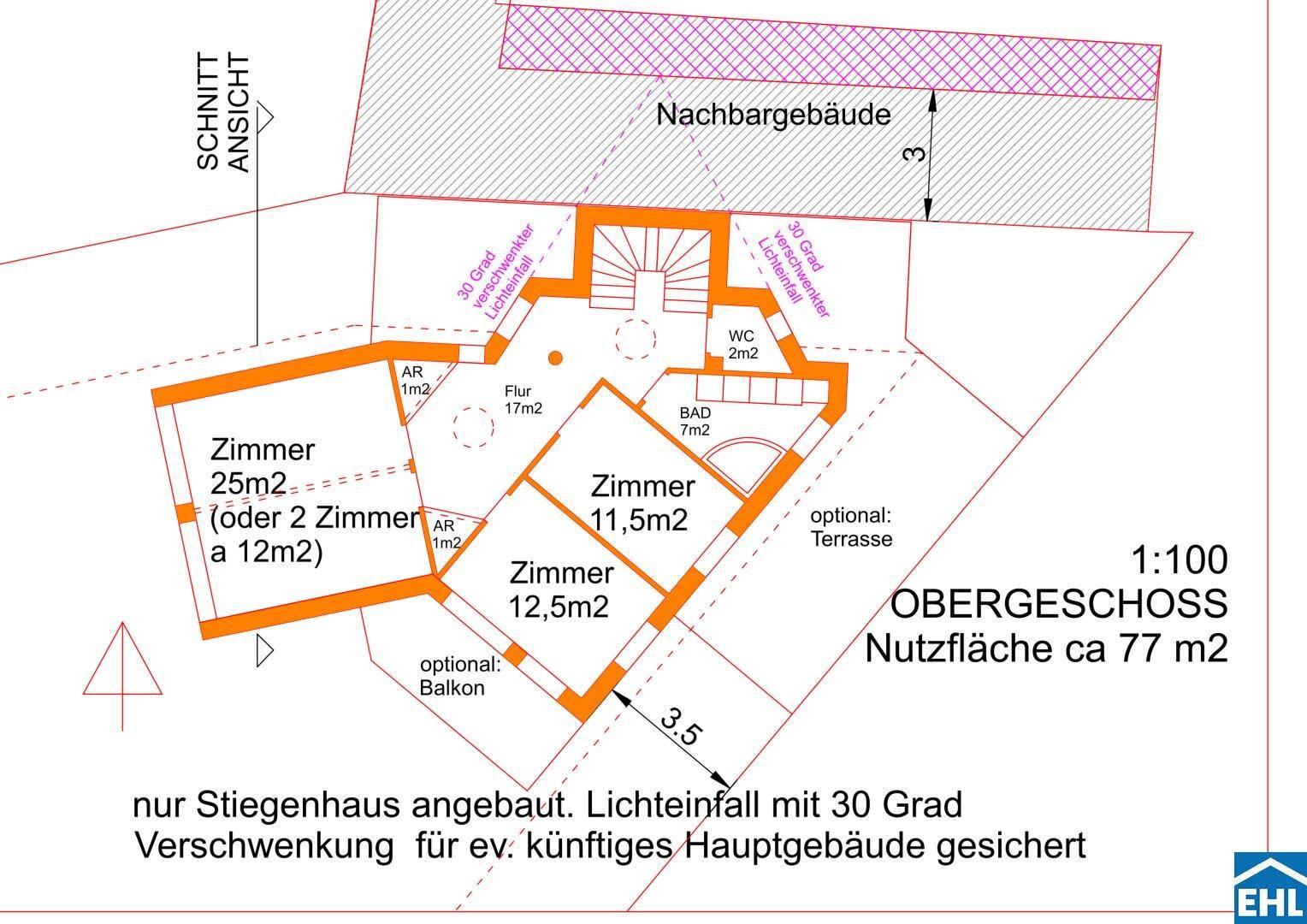 Grundriss des Obergeschosses mit Schlafzimmern, Bad, WC und optionalem Balkon, inklusive Schnittansicht.