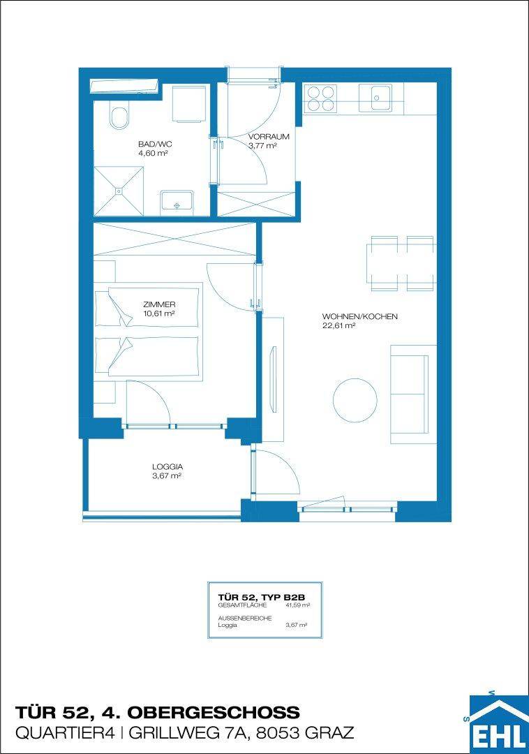 Grundriss einer Wohnung mit offenem Wohn-/Kochbereich, einem Zimmer, Bad und Loggia.