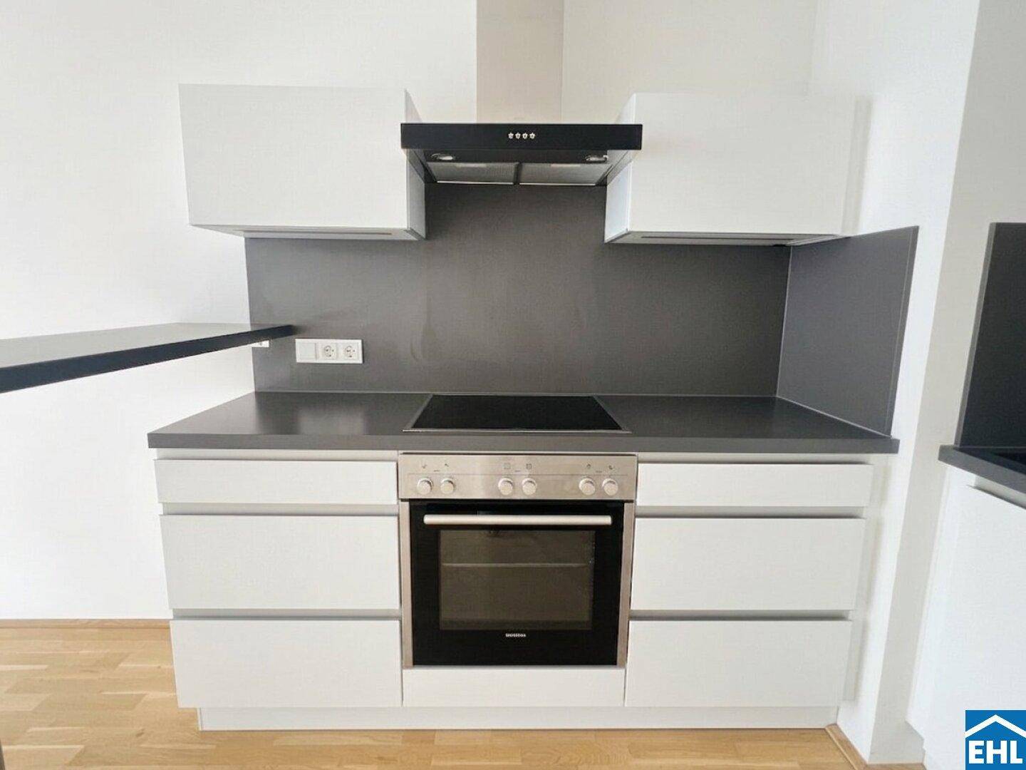 Moderne Küchenzeile mit integriertem Backofen, Induktionskochfeld und Dunstabzugshaube in Grau und Weiß.