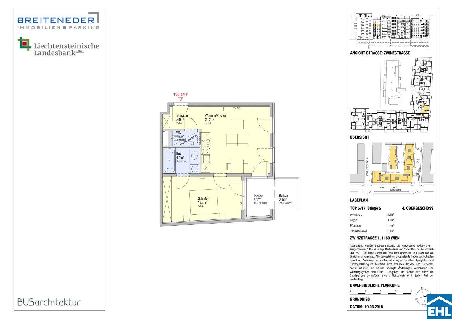 Detaillierter Grundriss einer Wohnung mit Wohnküche, Schlafzimmer, Bad und Loggia.