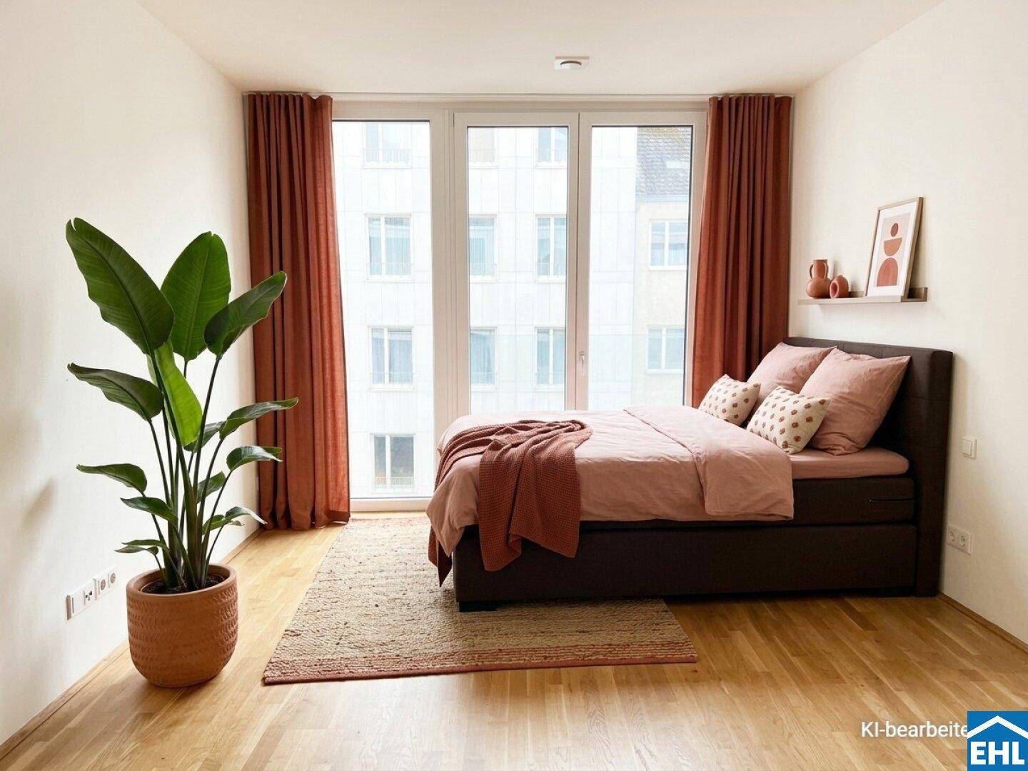 Helles Schlafzimmer mit großem Fenster, Holzboden und einer Zimmerpflanze, modern eingerichtet.