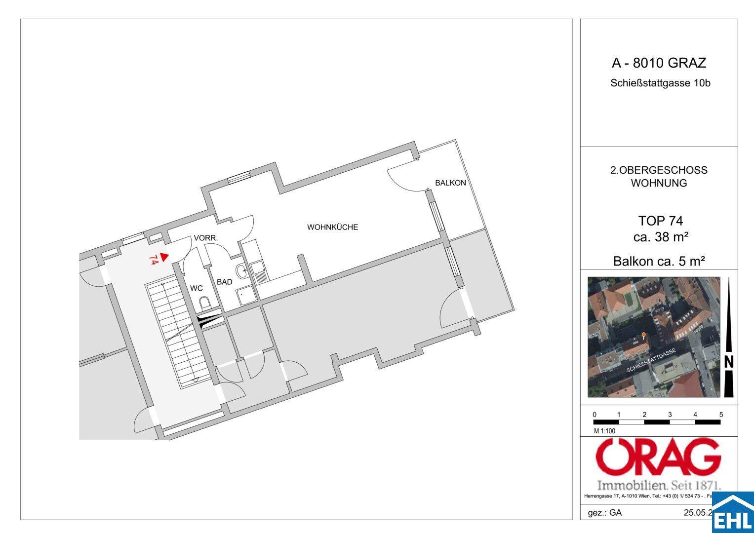 Grundriss der Wohnung Top 74 im 2. Obergeschoss mit Wohnküche und Balkon.