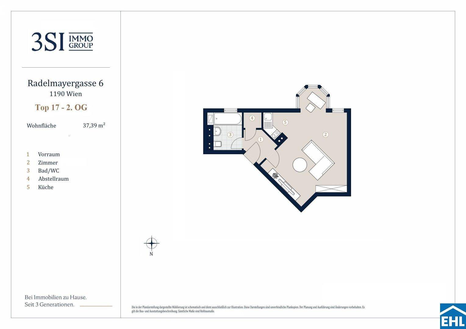 Grundriss einer 37,39 m² großen Wohnung im 2. Obergeschoss mit offenem Wohnbereich.