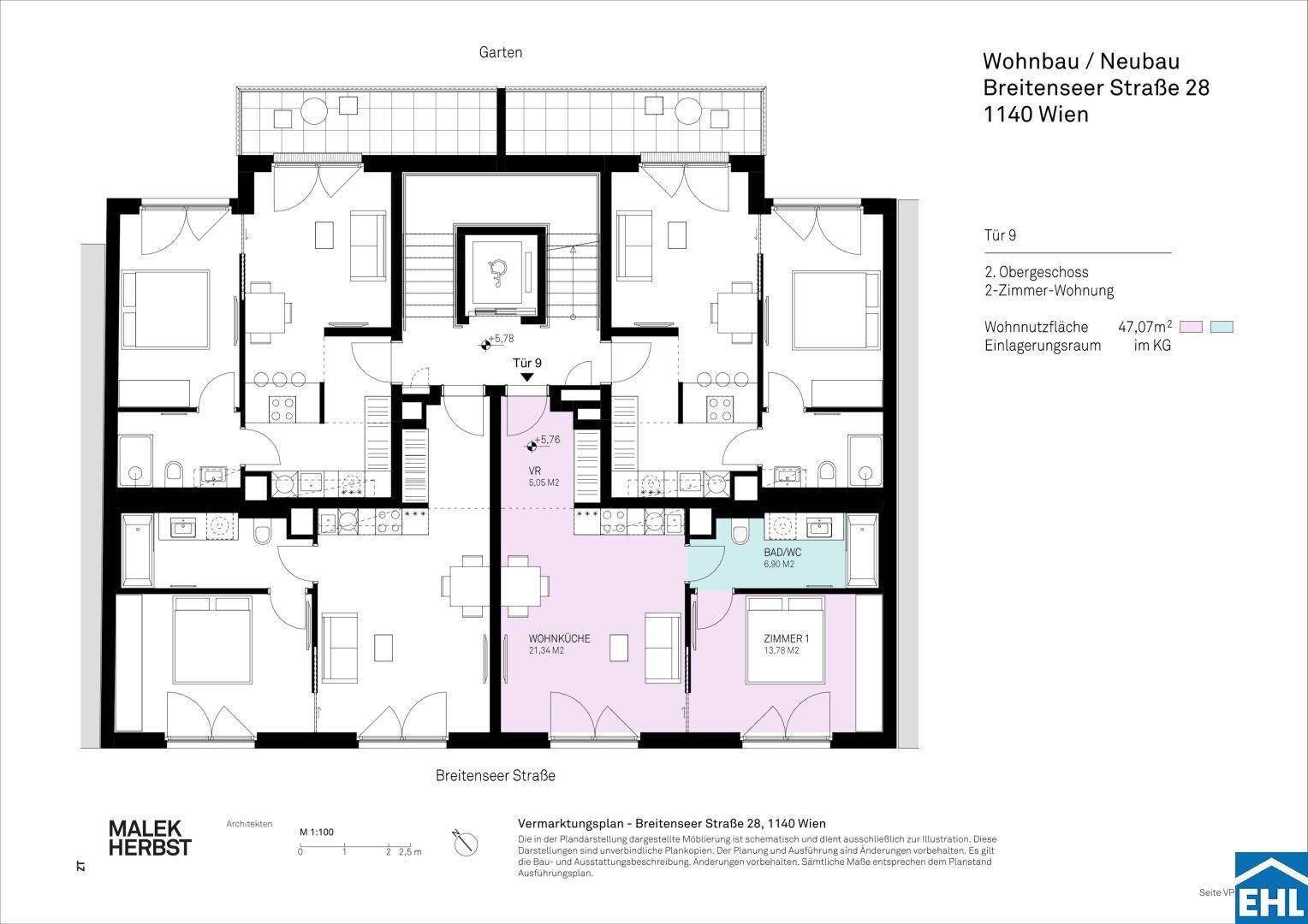 Grundriss einer 2-Zimmer-Wohnung im 2. Obergeschoss mit Balkon und Gartenblick.
